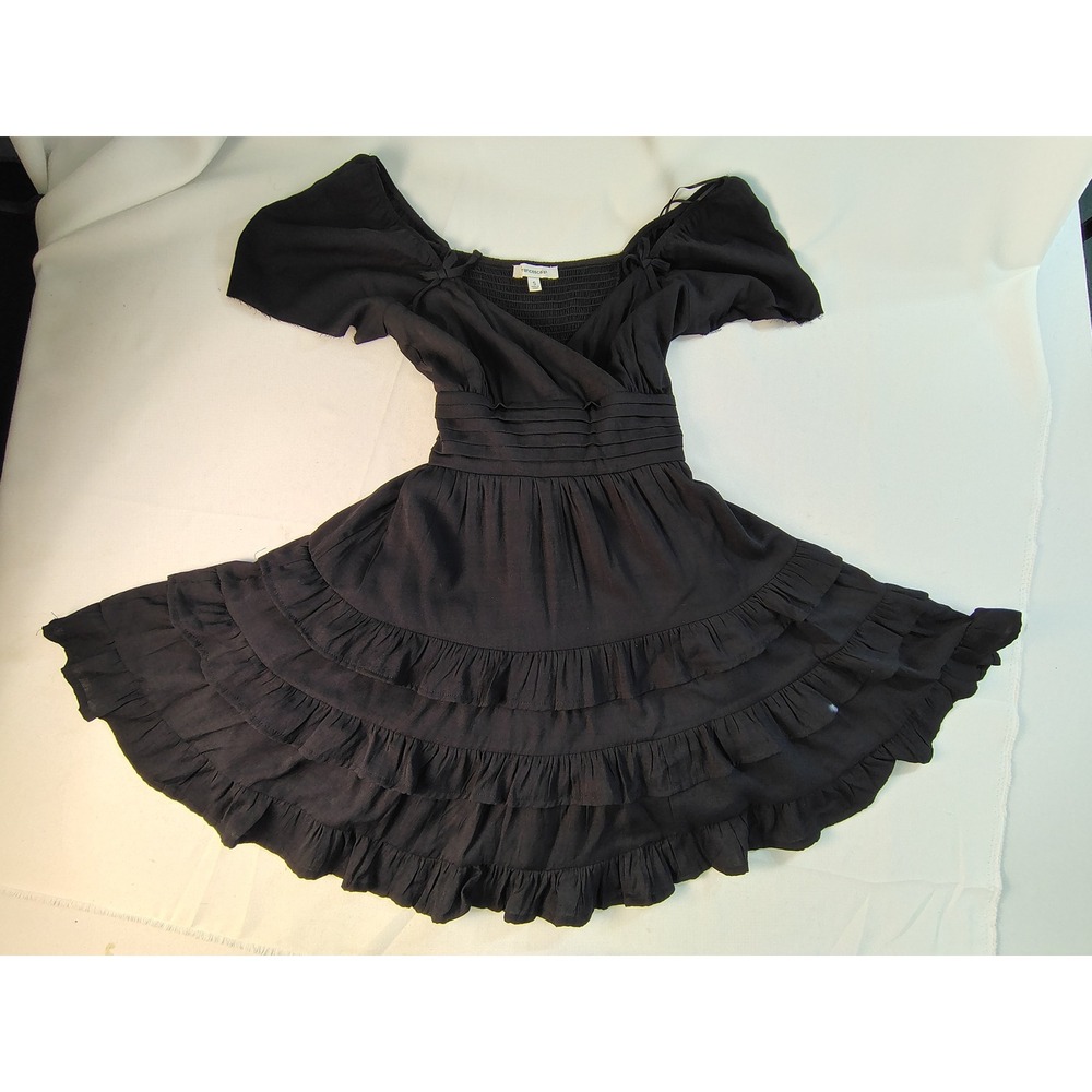 Francesca's Black Tiered Ruffle Mini Dress Smocked Back Tie 26FLI37HWD Small